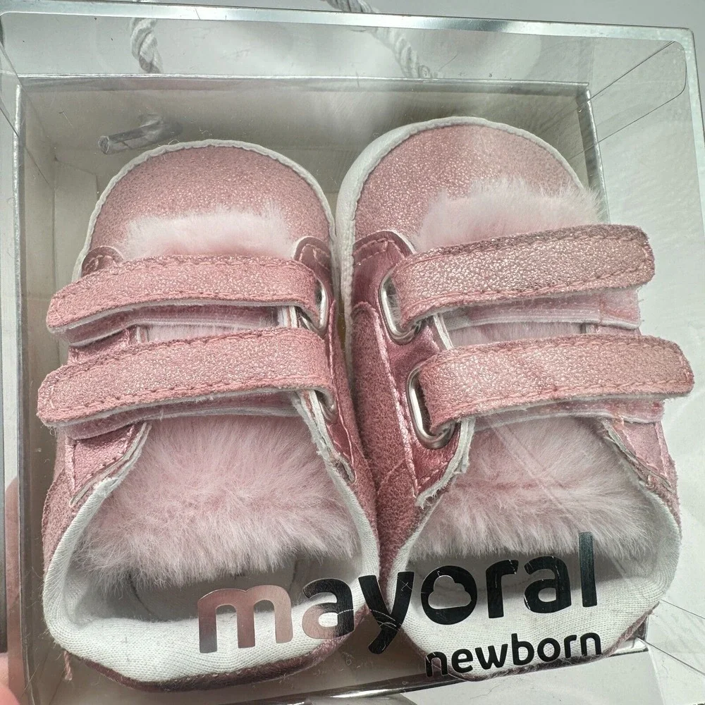 NEW Mayoral Pink Soft Furry Baby Girl Shoes Crib Sneakers Preppy Luxury Girly‎